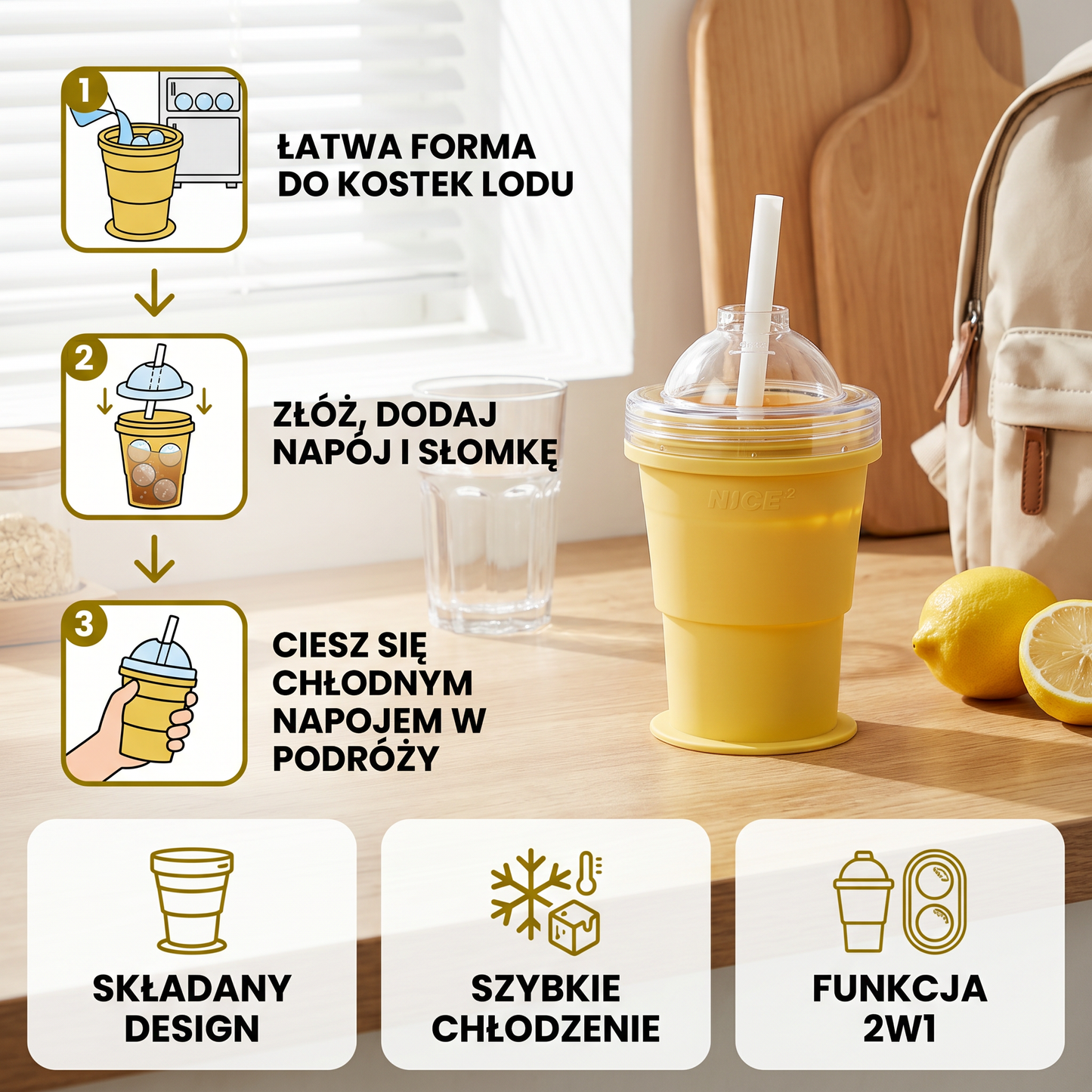 2-w-1 Kubek na Kostki Lodu – Składany, ze Słomką i Formą Silikonową do Użytku w Podróży