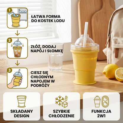 2-w-1 Kubek na Kostki Lodu – Składany, ze Słomką i Formą Silikonową do Użytku w Podróży