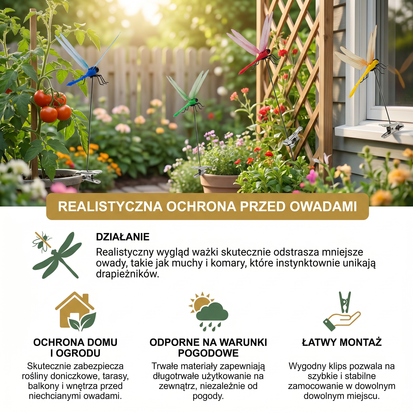 Klamry w kształcie ważek – Realistyczna ochrona przed owadami do domu i ogrodu (4 sztuki)