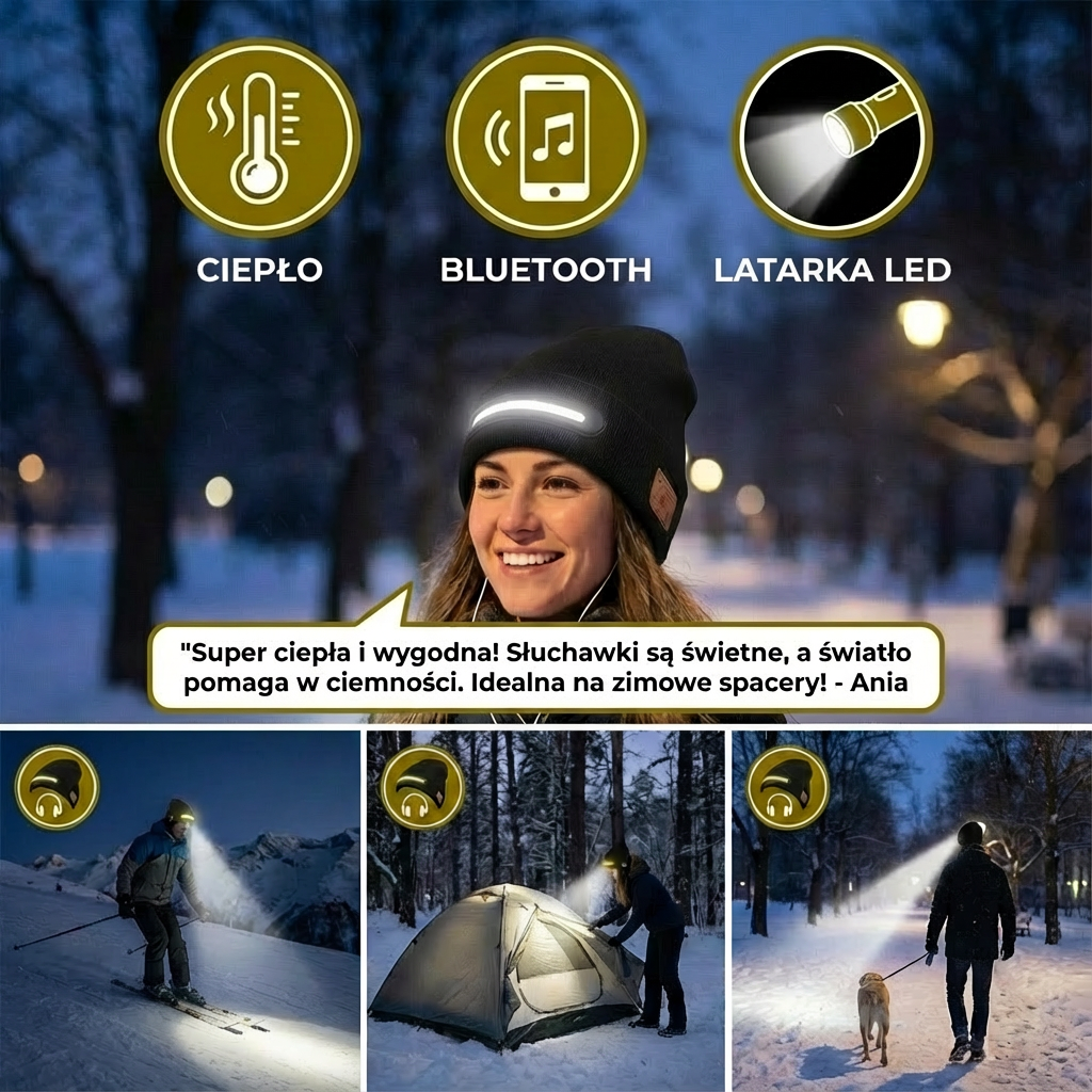Ciepła Czapka Z Wbudowanymi Słuchawkami Bluetooth I Paskiem Światła LED