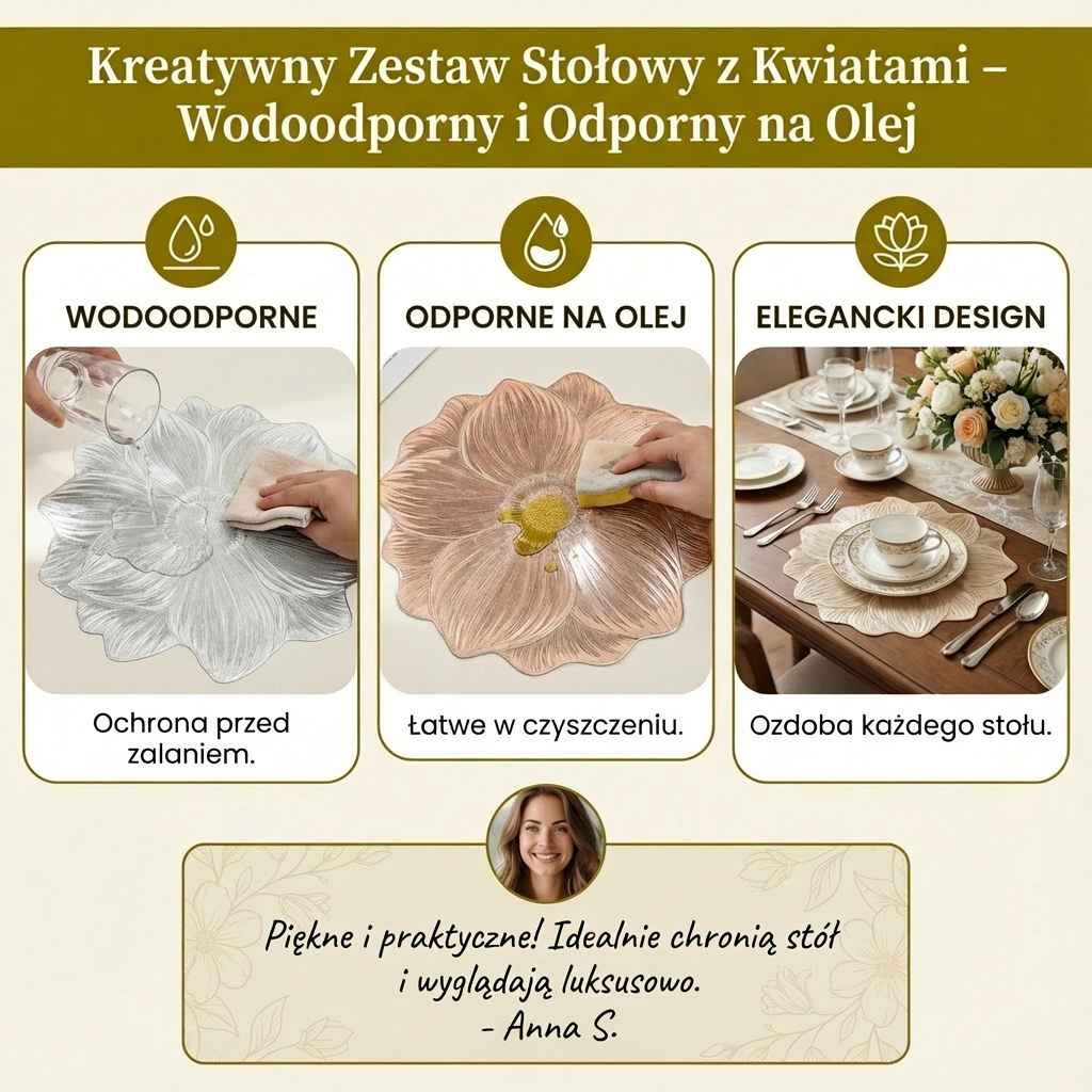 Kreatywny Zestaw Stołowy z Kwiatami – Wodoodporny i Odporny na Olej