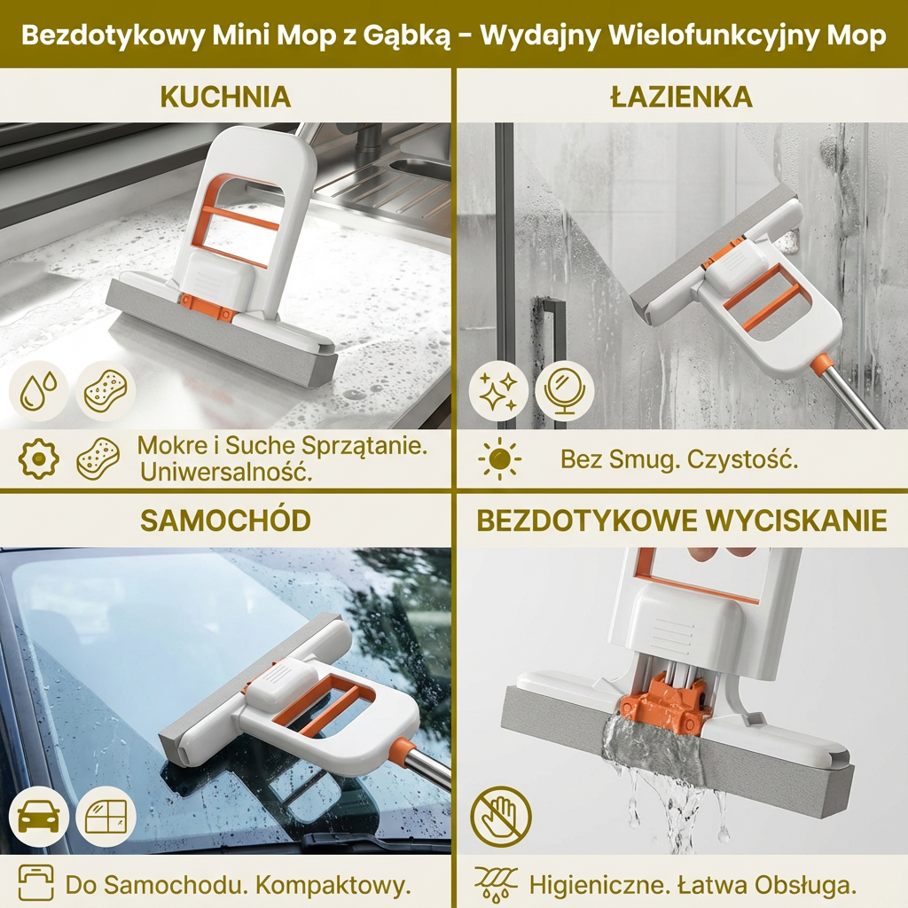 Bezdotykowy Mini Mop z Gąbką – Wydajny Wielofunkcyjny Mop do Kuchni, Łazienki i Samochodu