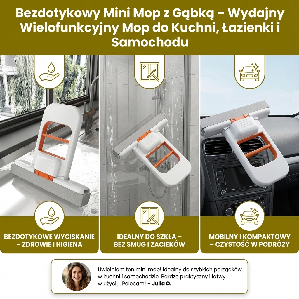 Bezdotykowy Mini Mop z Gąbką – Wydajny Wielofunkcyjny Mop do Kuchni, Łazienki i Samochodu