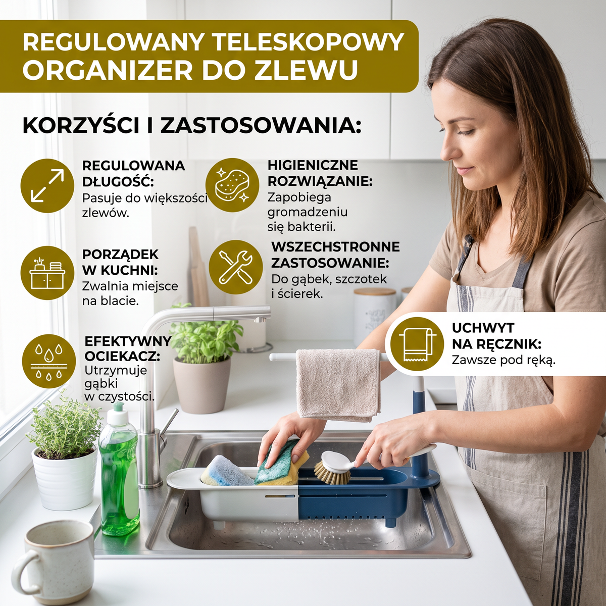 Regulowany teleskopowy organizer do zlewu z ociekaczem i uchwytem na ręcznik
