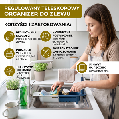 Regulowany teleskopowy organizer do zlewu z ociekaczem i uchwytem na ręcznik