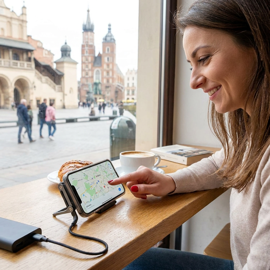 Wytrzymały i składany stojak na telefon 2 w 1 z odłączanym kablem USB-C do ładowania