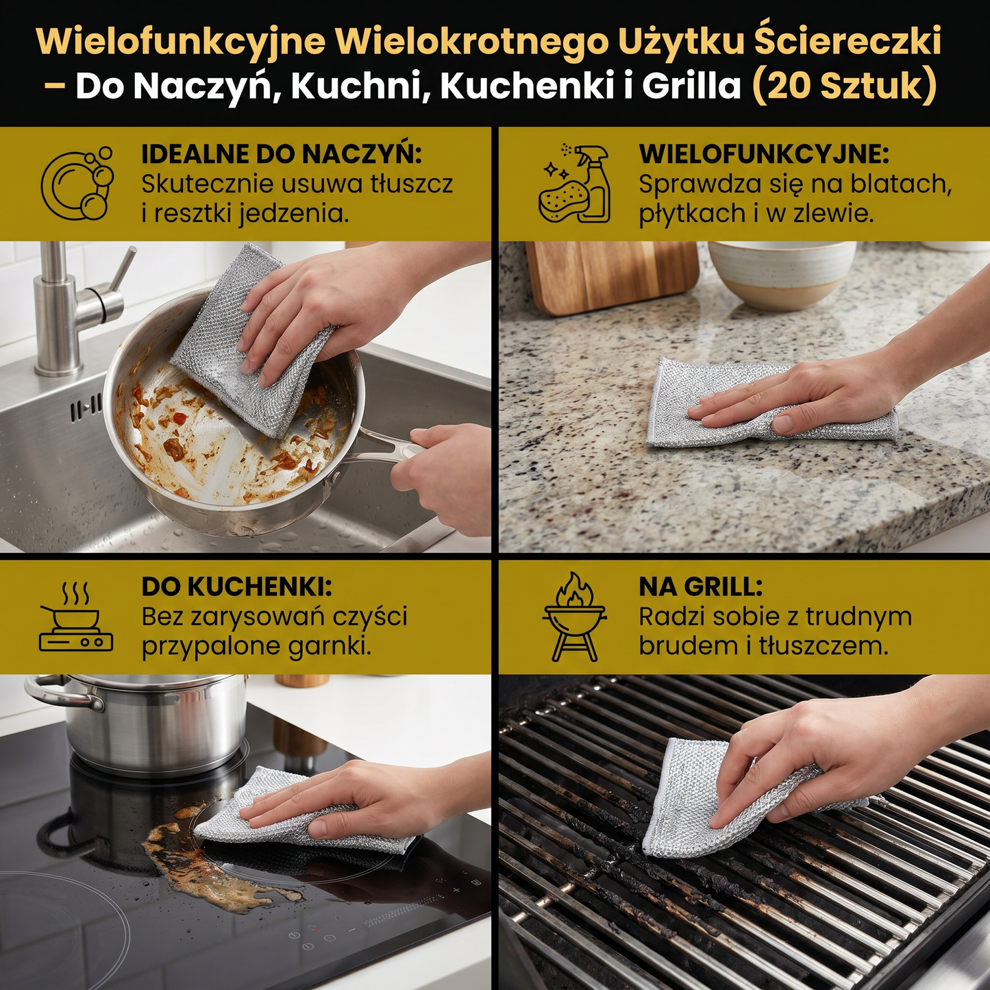 Wielofunkcyjne Wielokrotnego Użytku Ściereczki – Do Naczyń, Kuchni, Kuchenki i Grilla (20 Sztuk)