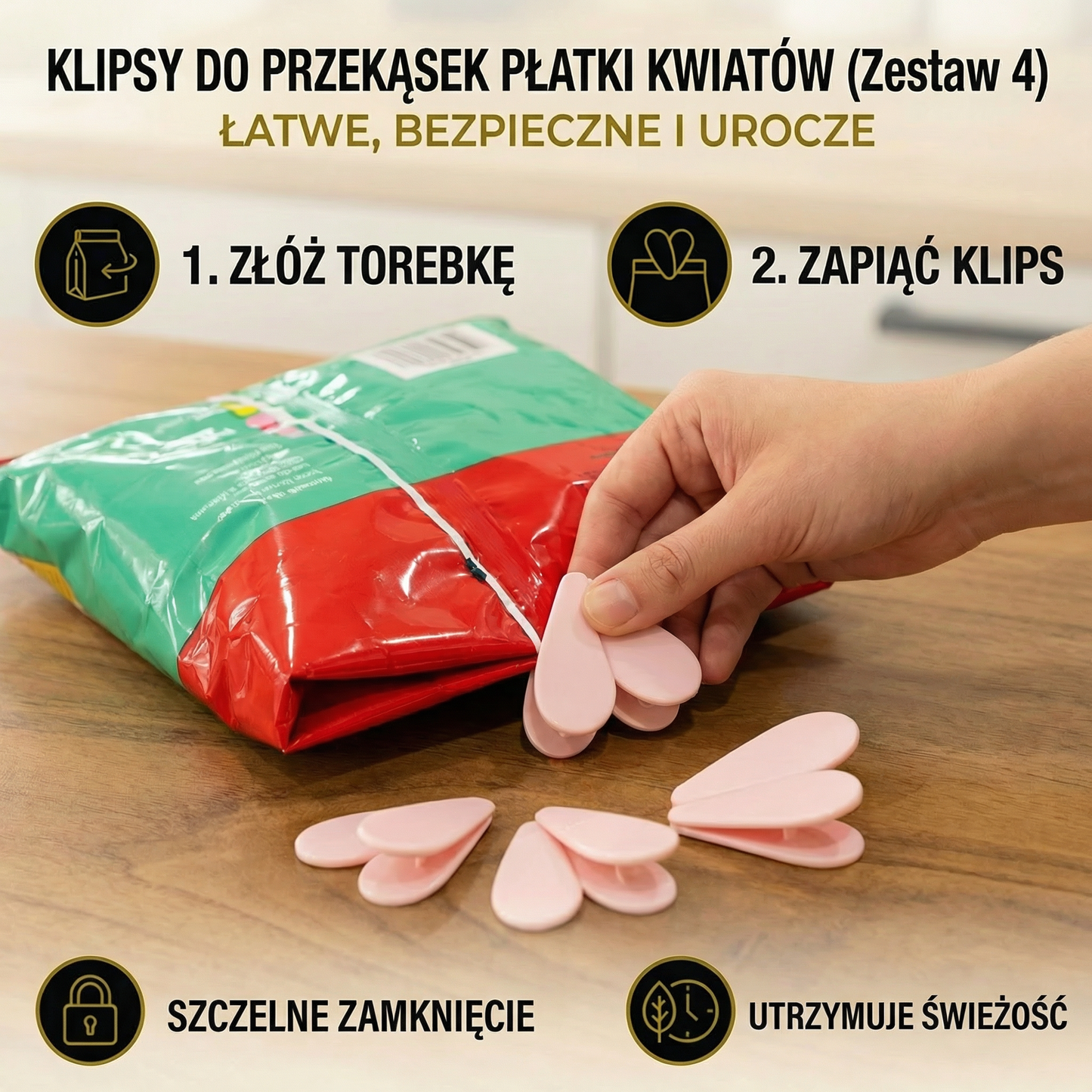 Klamra do Zamykania Torek w Kształcie Kwiata – Do Przechowywania Przekąsek i Żywności (Zestaw 4 szt.)