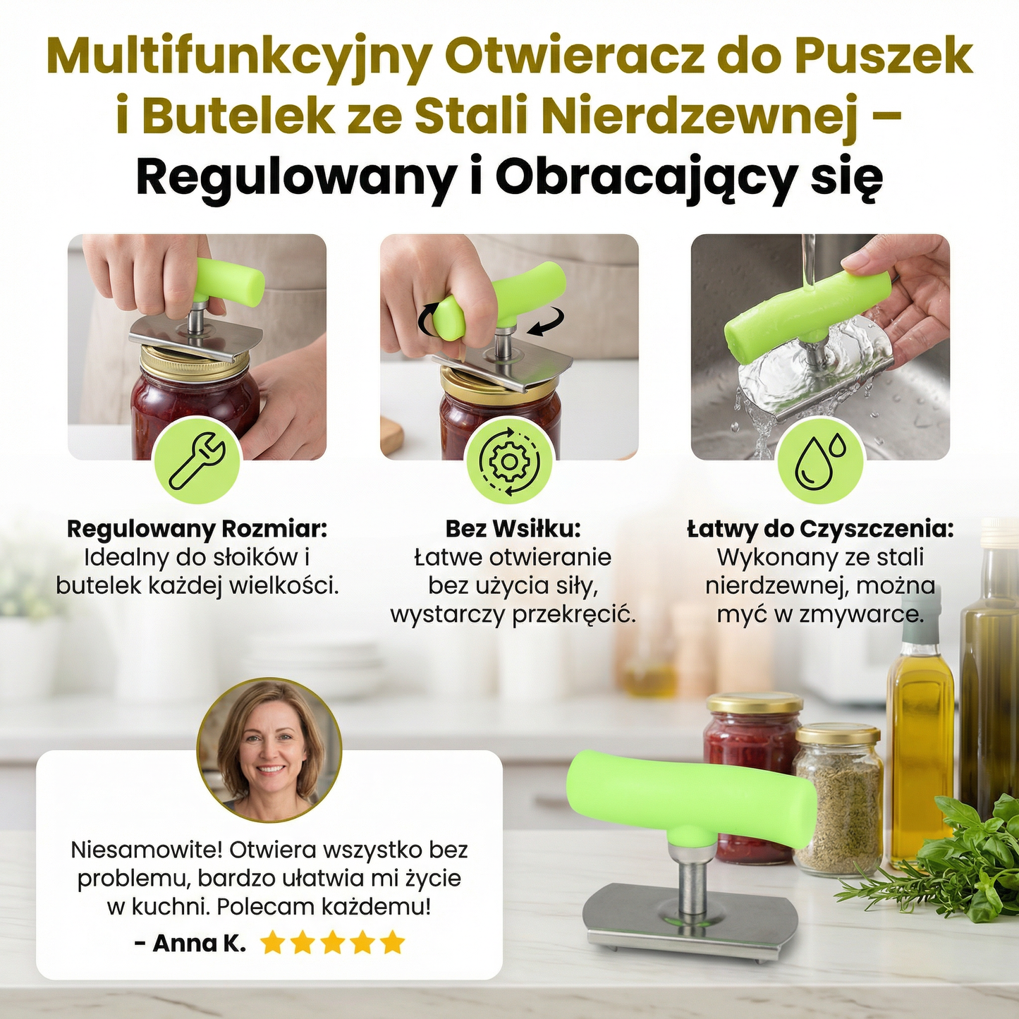 Multifunkcyjny Otwieracz do Puszek i Butelek ze Stali Nierdzewnej – Regulowany i Obracający się