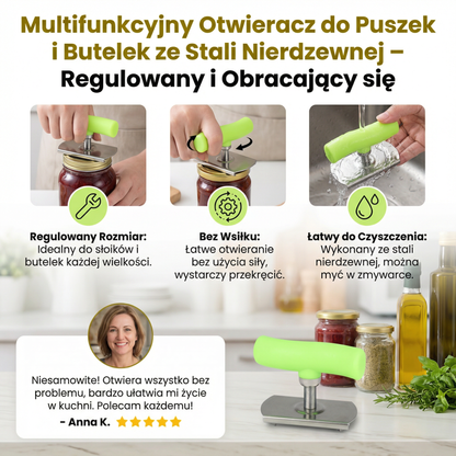 Multifunkcyjny Otwieracz do Puszek i Butelek ze Stali Nierdzewnej – Regulowany i Obracający się