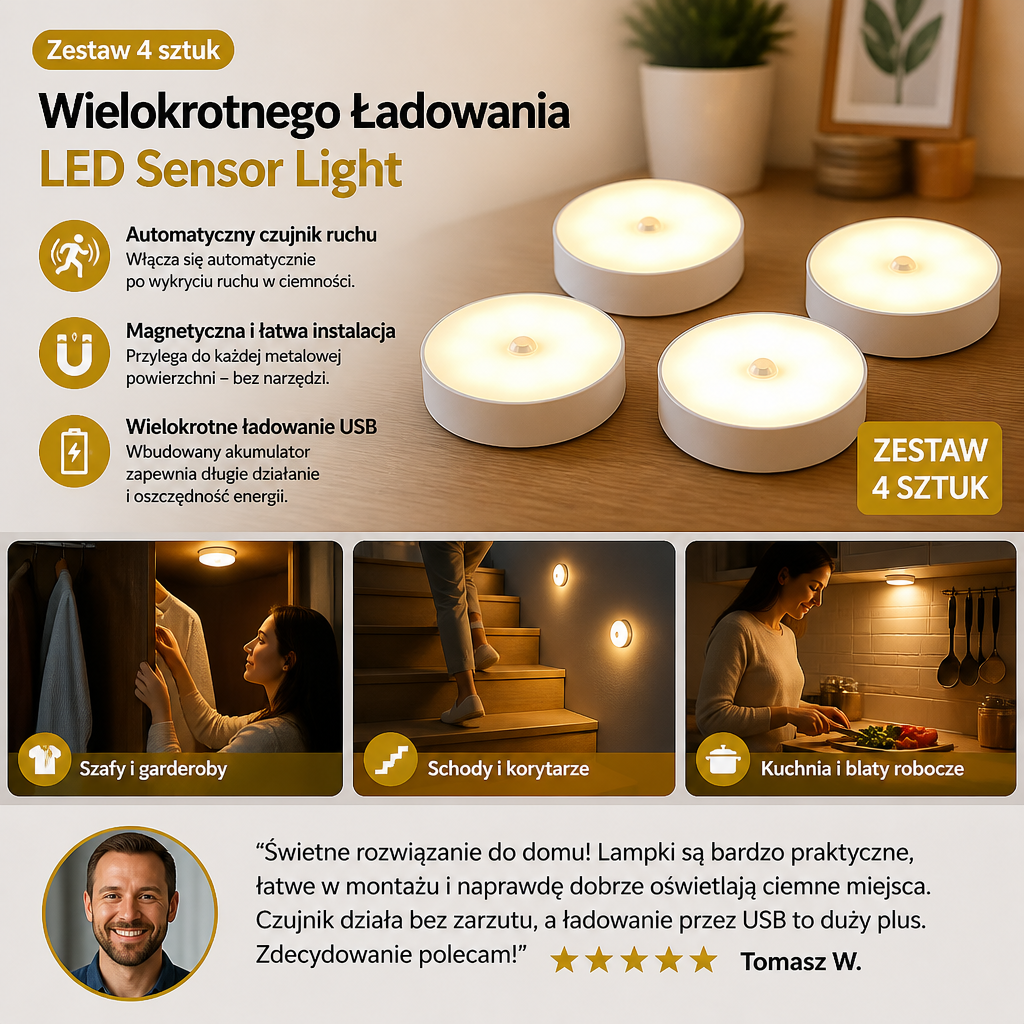 Wielokrotnego Ładowania LED Sensor Light (Zestaw 4 sztuk) – Magnetyczne i Automatyczne do Wszechstronnego Użytku