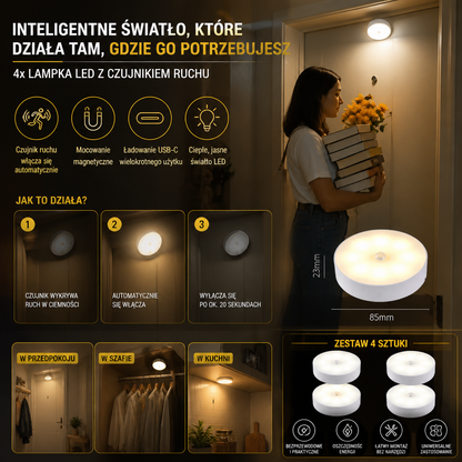 Wielokrotnego Ładowania LED Sensor Light (Zestaw 4 sztuk) – Magnetyczne i Automatyczne do Wszechstronnego Użytku