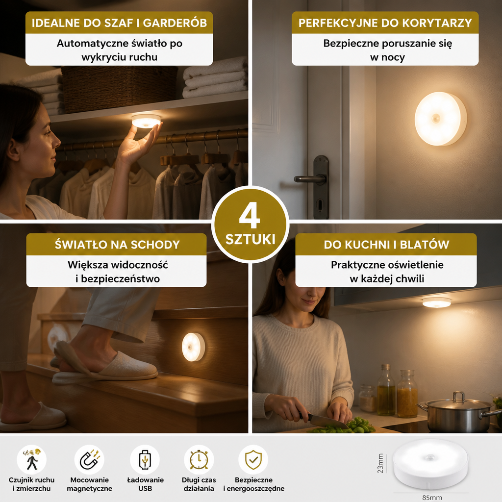 Wielokrotnego Ładowania LED Sensor Light (Zestaw 4 sztuk) – Magnetyczne i Automatyczne do Wszechstronnego Użytku