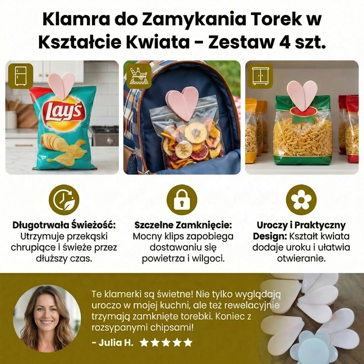 Klamra do Zamykania Torek w Kształcie Kwiata – Do Przechowywania Przekąsek i Żywności (Zestaw 4 szt.)