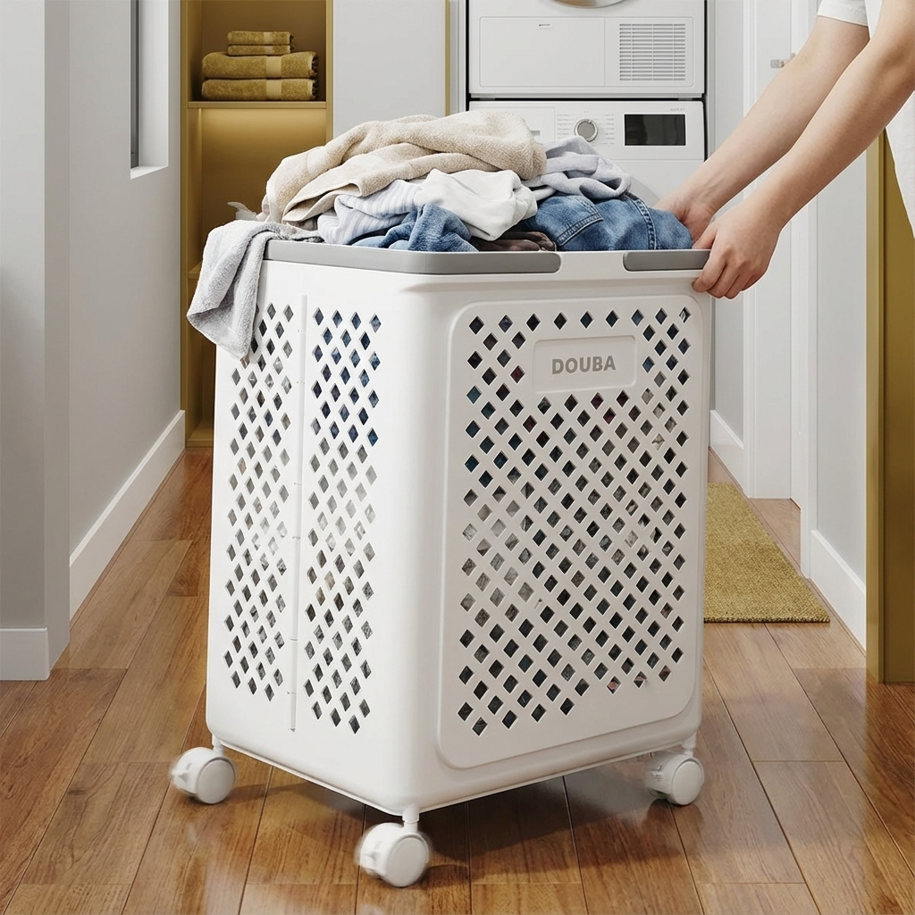 Składany kosz na pranie na kółkach