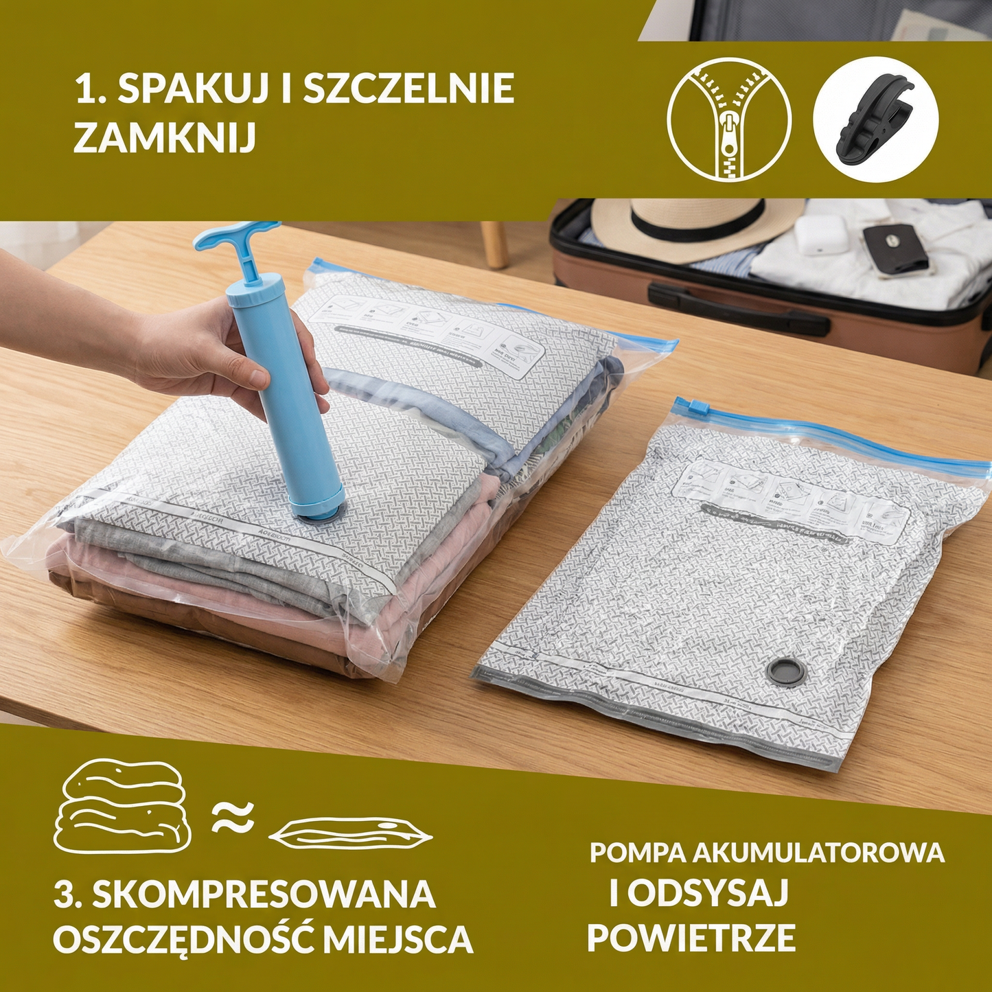 Zestaw próżniowych worków podróżnych z pompką elektryczną wielokrotnego ładowania