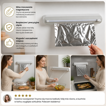 Magnetyczny Ścienny Dozownik Do Folii Aluminiowej I Folii Spożywczej Z Bezpiecznym Nożem Tnącym