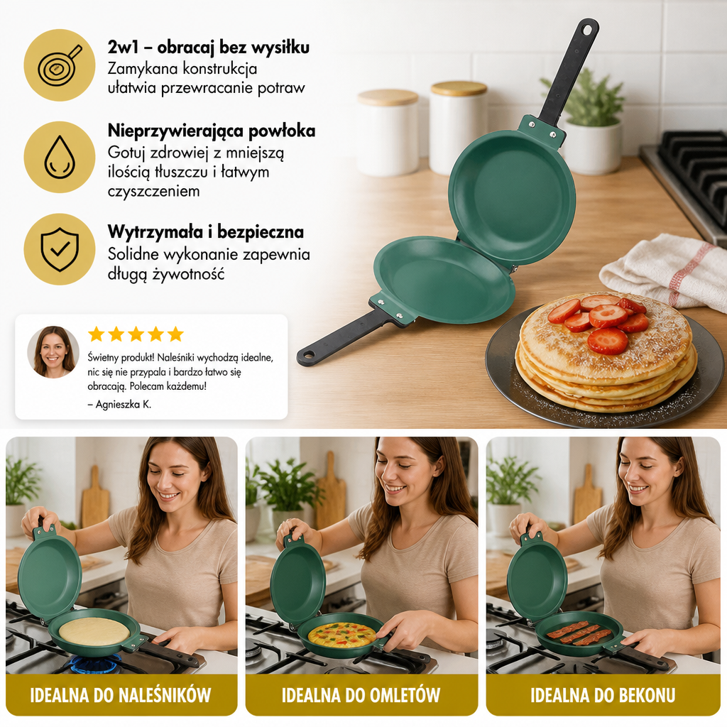 Dwustronna patelnia z powłoką nieprzywierającą – patelnia do obracania naleśników, omletów i bekonu