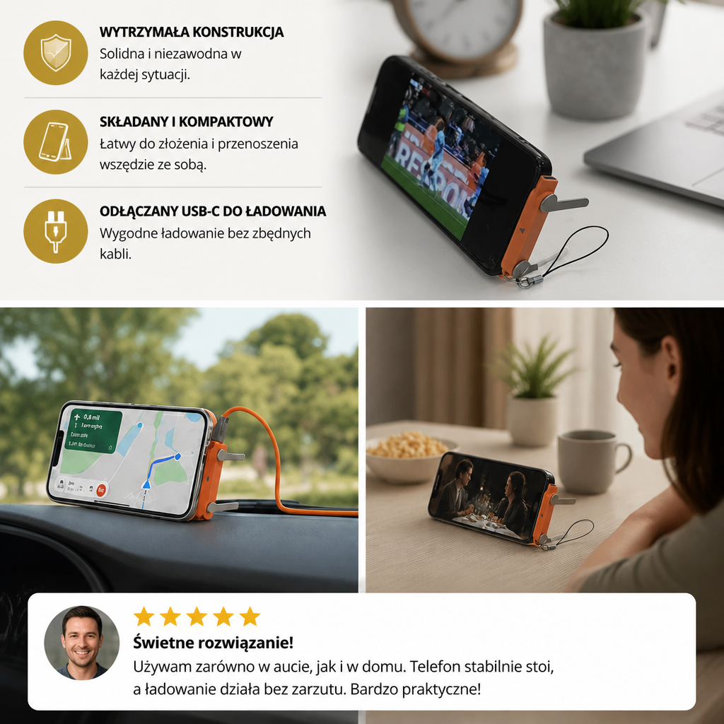 Wytrzymały i składany stojak na telefon 2 w 1 z odłączanym kablem USB-C do ładowania