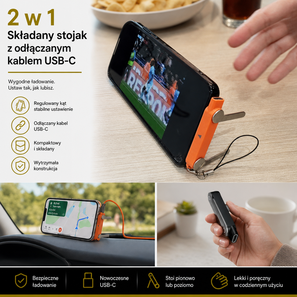 Wytrzymały i składany stojak na telefon 2 w 1 z odłączanym kablem USB-C do ładowania