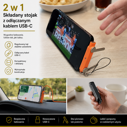 Wytrzymały i składany stojak na telefon 2 w 1 z odłączanym kablem USB-C do ładowania