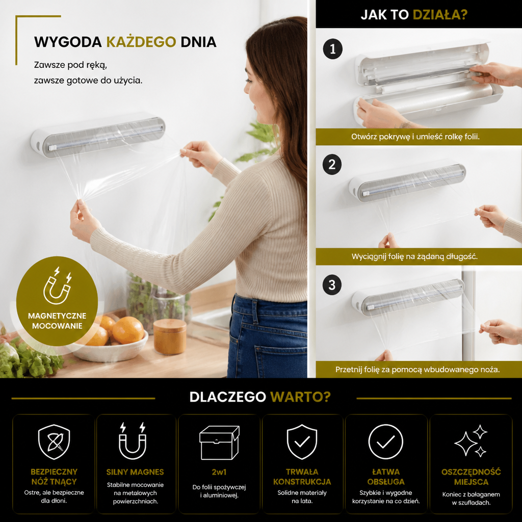 Magnetyczny Ścienny Dozownik Do Folii Aluminiowej I Folii Spożywczej Z Bezpiecznym Nożem Tnącym