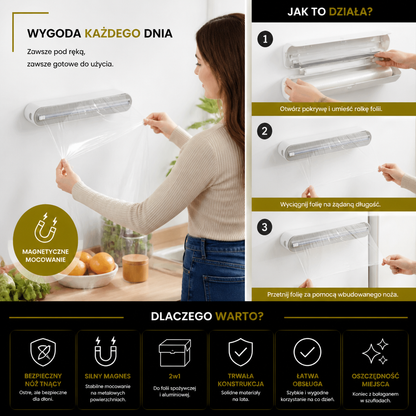 Magnetyczny Ścienny Dozownik Do Folii Aluminiowej I Folii Spożywczej Z Bezpiecznym Nożem Tnącym