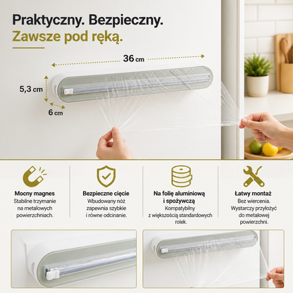 Magnetyczny Ścienny Dozownik Do Folii Aluminiowej I Folii Spożywczej Z Bezpiecznym Nożem Tnącym
