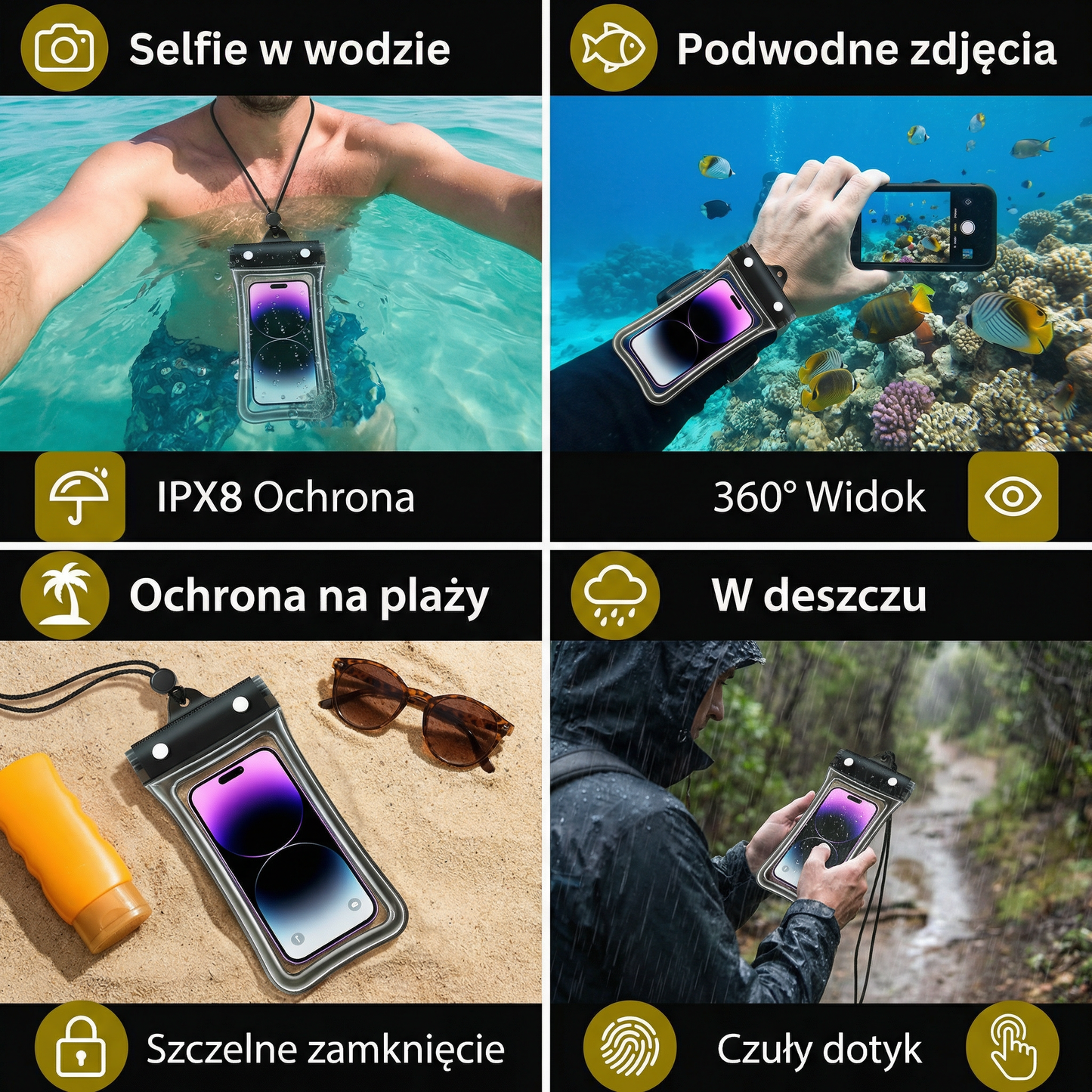Wodoszczelna Obudowa na Telefon – Przezroczysta Torba na Ekran Dotykowy z Sznurkiem na Ramię do Plaży, Pływania i Nurkowania