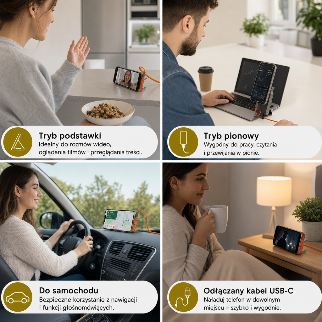 Wytrzymały i składany stojak na telefon 2 w 1 z odłączanym kablem USB-C do ładowania