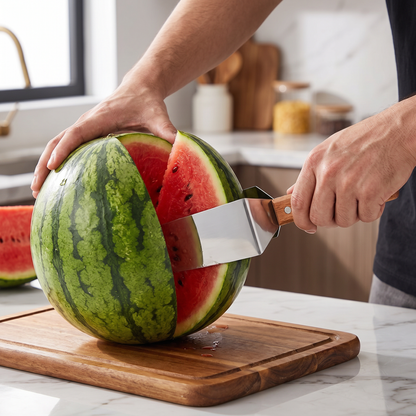 Stalowa Slicer do Arbuzów z Drewnianą Rączką – Czyste i Szybkie Porcjowanie
