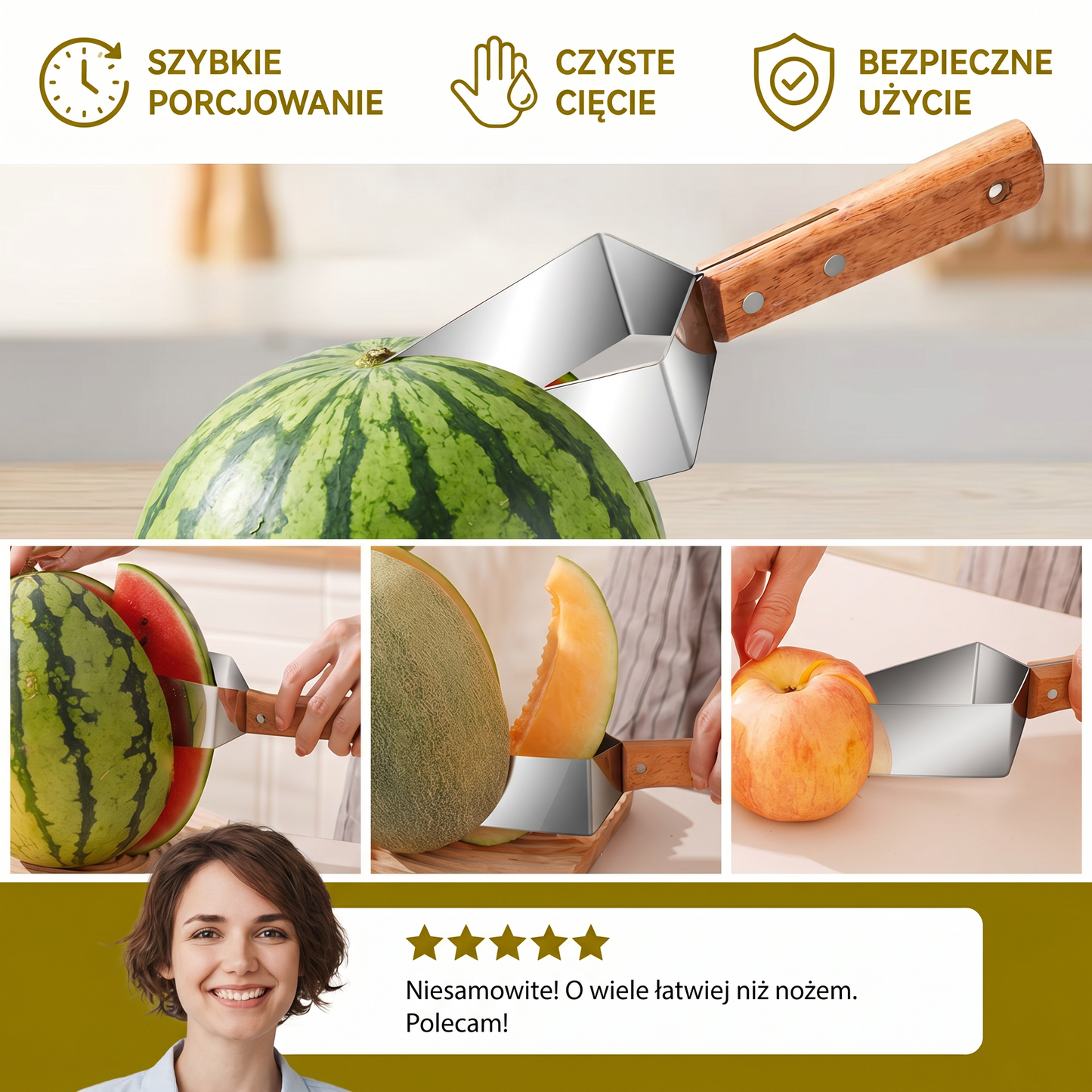Stalowa Slicer do Arbuzów z Drewnianą Rączką – Czyste i Szybkie Porcjowanie