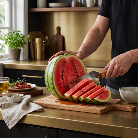 Stalowa Slicer do Arbuzów z Drewnianą Rączką – Czyste i Szybkie Porcjowanie