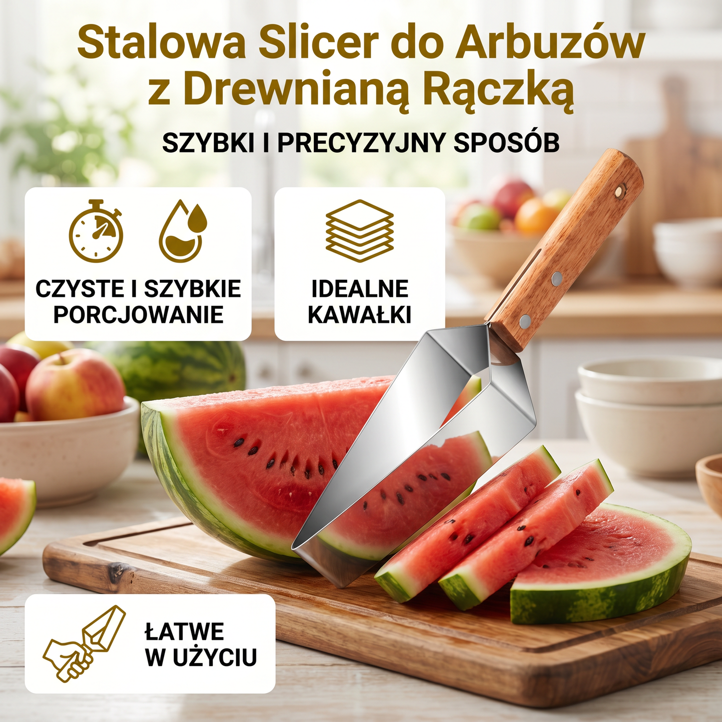 Stalowa Slicer do Arbuzów z Drewnianą Rączką – Czyste i Szybkie Porcjowanie