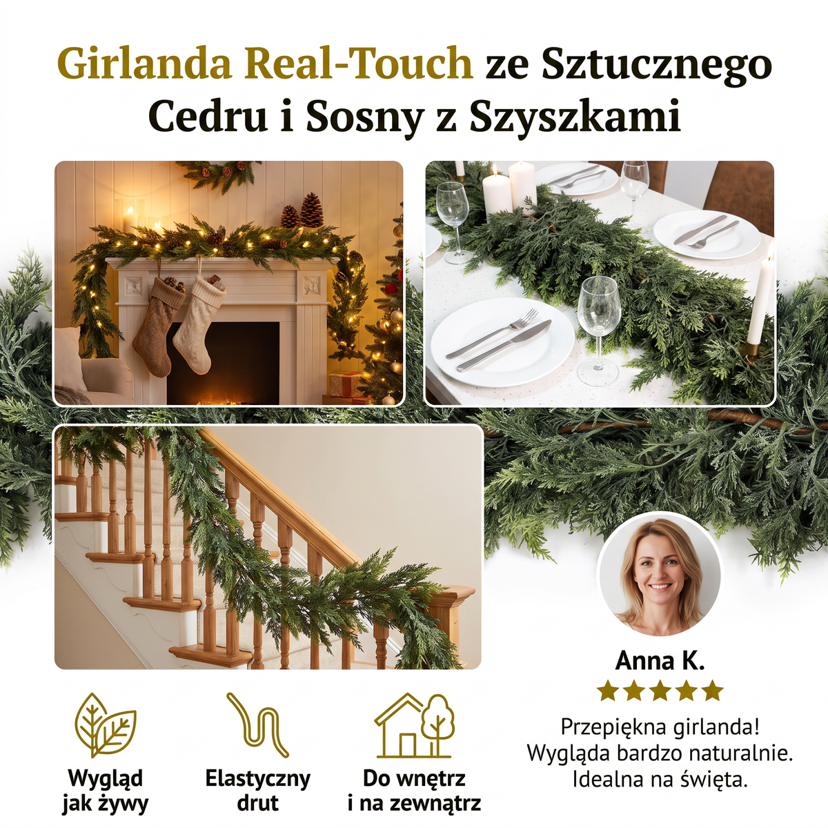 Girlanda Real-Touch ze Sztucznego Cedru i Sosny z Szyszkami – Dekoracja Świąteczna