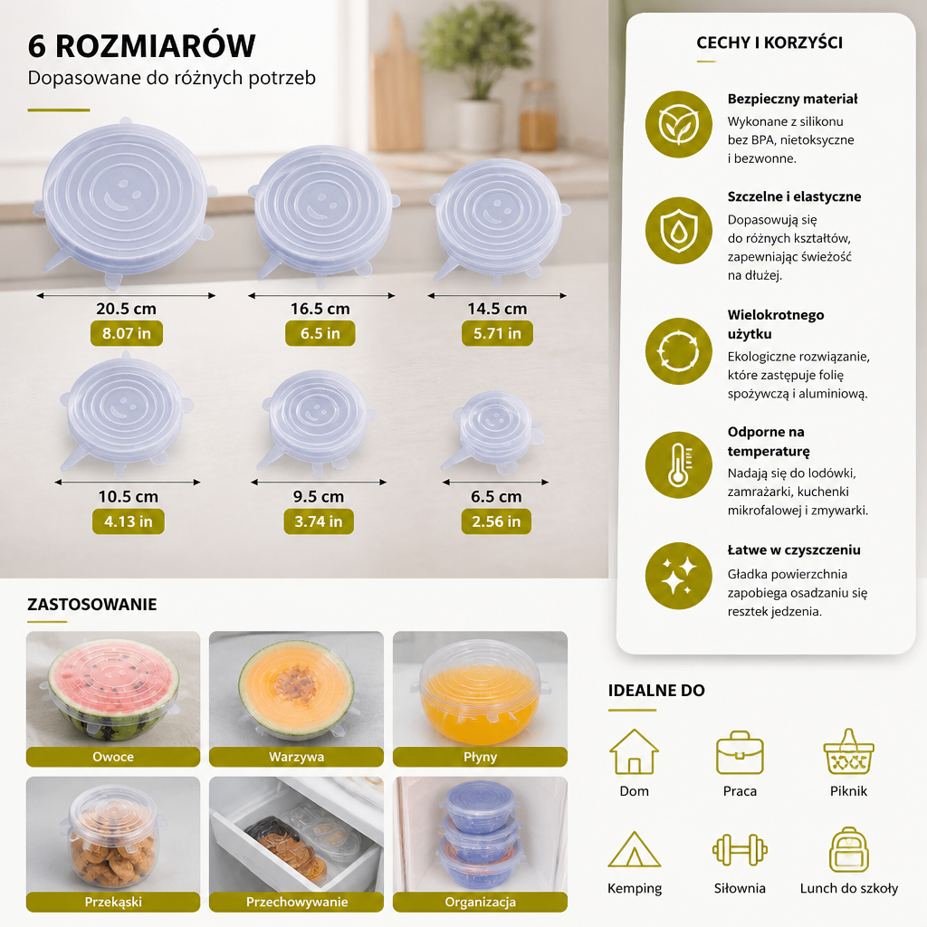 6-częściowy zestaw silikonowych pokrywek rozciągliwych – Wielorazowe pokrywki do przechowywania żywności bez BPA