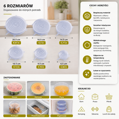 6-częściowy zestaw silikonowych pokrywek rozciągliwych – Wielorazowe pokrywki do przechowywania żywności bez BPA