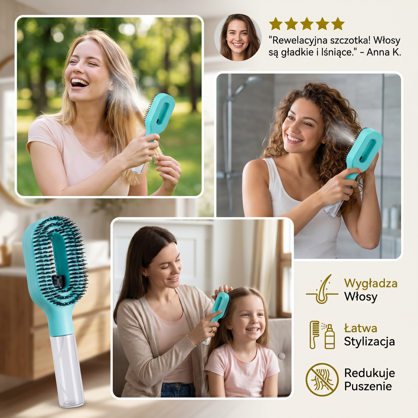 Anti-Frizz Sprüh-Haarbürste – Wygładza odstające włosy i ułatwia stylizację fryzur