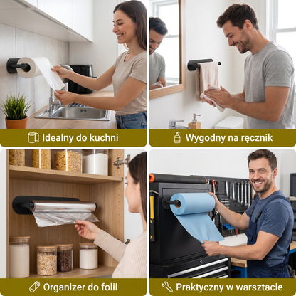 Nowoczesny uchwyt na rolki ze stali nierdzewnej – montaż bez wiercenia do wszechstronnego użytku