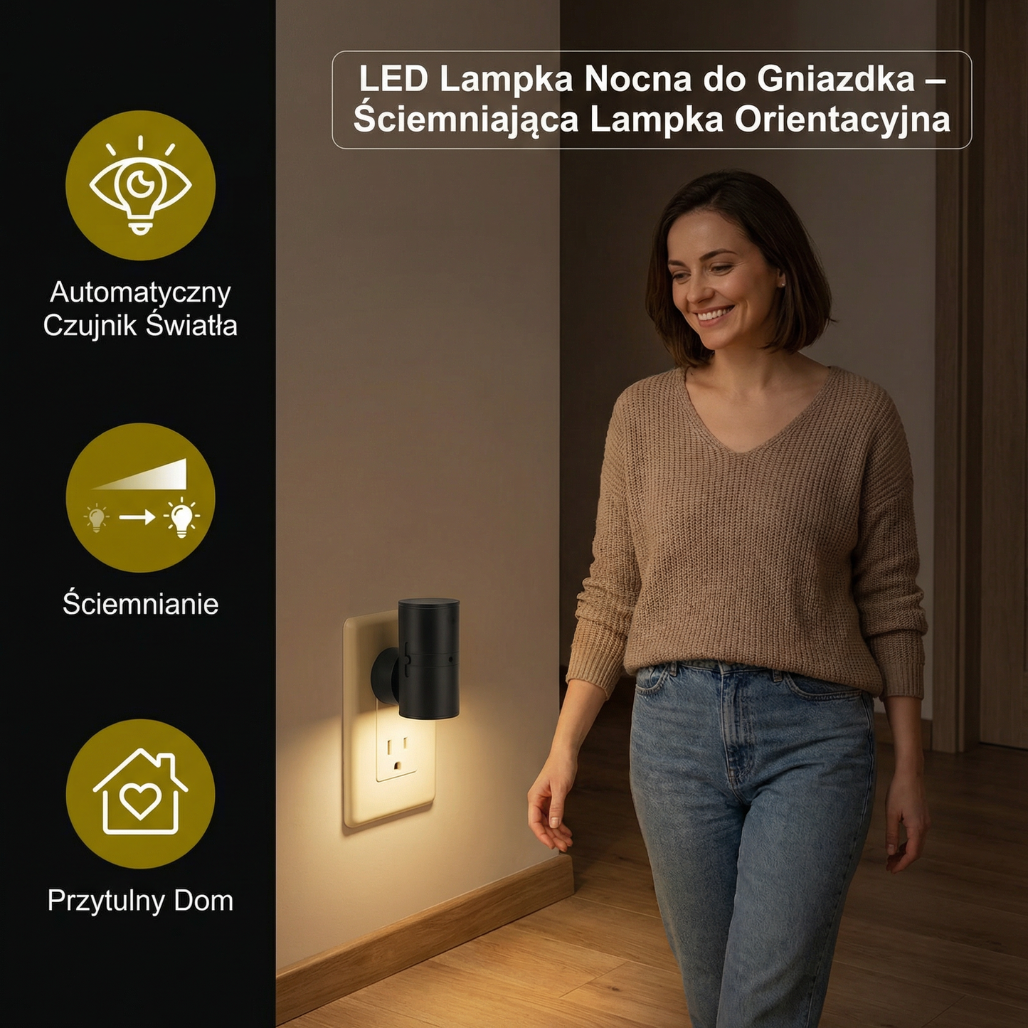 LED Lampka Nocna do Gniazdka – Ściemniająca Lampka Orientacyjna z Czujnikiem Światła do Przytulnego Domu