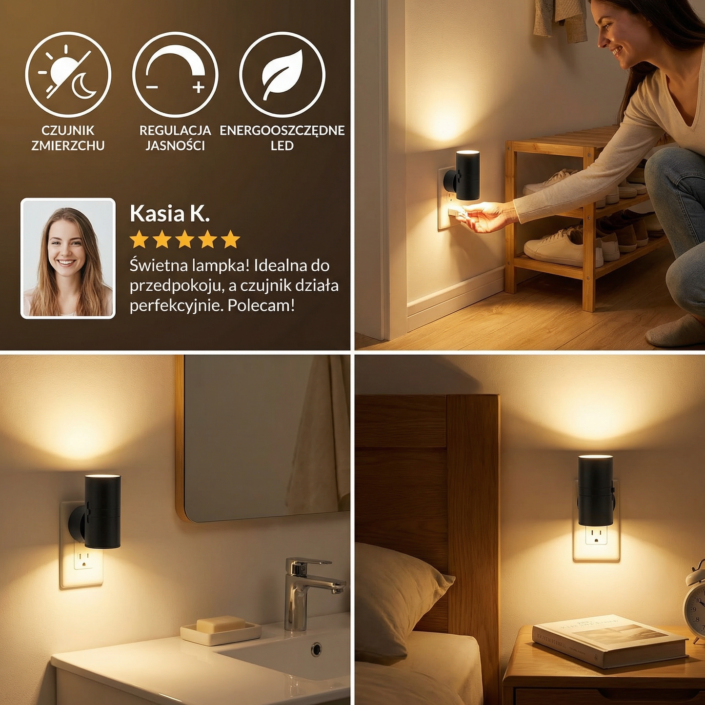 LED Lampka Nocna do Gniazdka – Ściemniająca Lampka Orientacyjna z Czujnikiem Światła do Przytulnego Domu