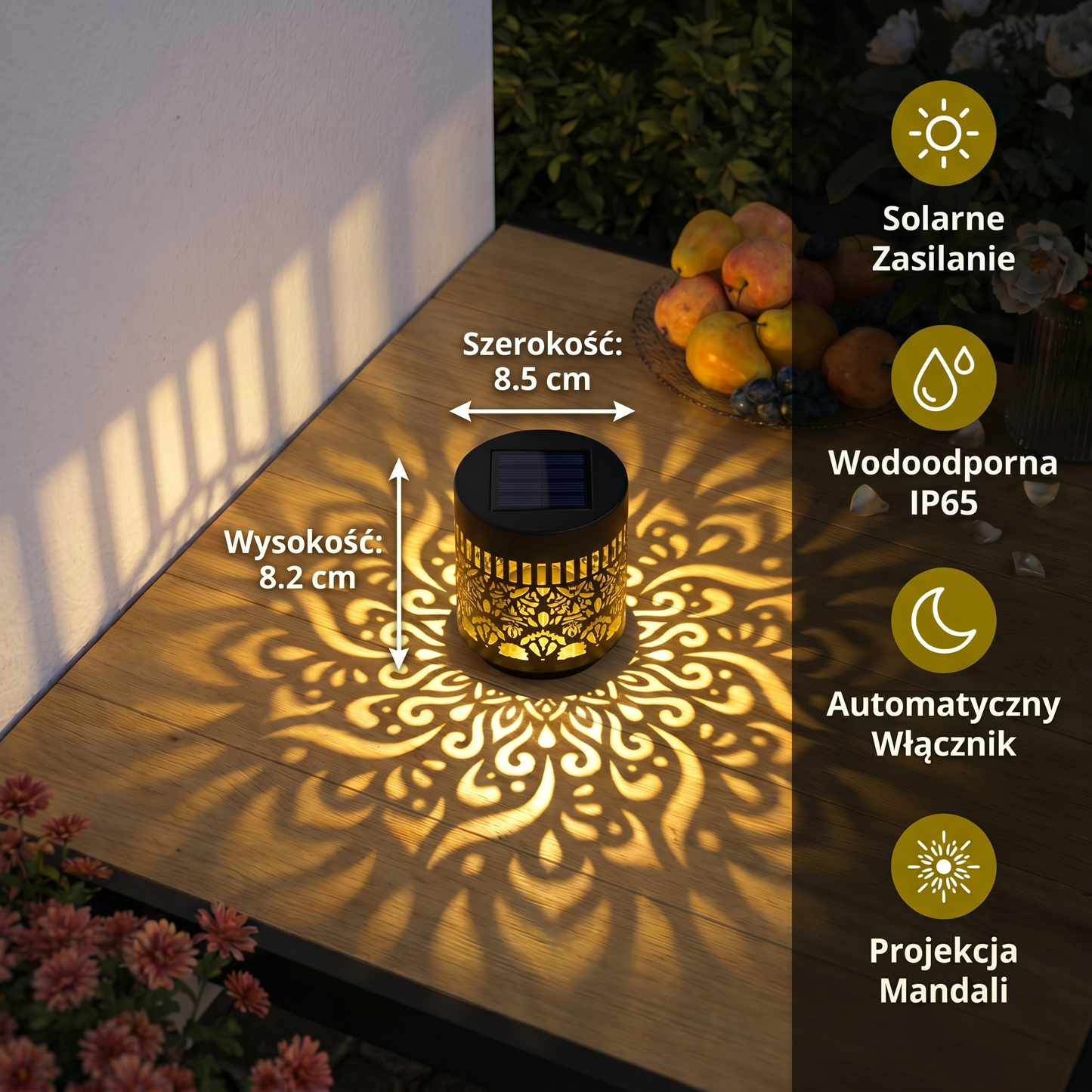 Kolorowa Solarna Lampa Ogrodowa w Kształcie Mandali – Wodoodporna Latarnia LED z Projekcją na Ścianę do Użytku Zewnętrznego